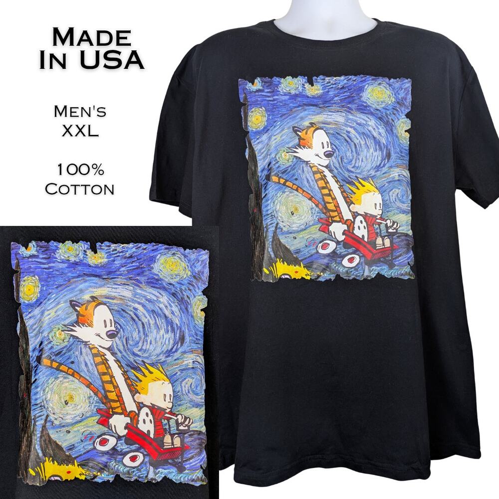Calvin And Hobbes T-Shirt Mens XXL Black Starry Night Graphic Cotton USA Made